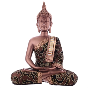 Buddha BUD288 siddende kobberfarvet med mønster polyresin h:28cm - Se Buddha figurer